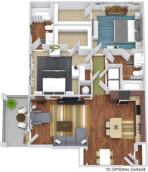 Floor plan for 2 beds, 2 baths, 1055 sqft